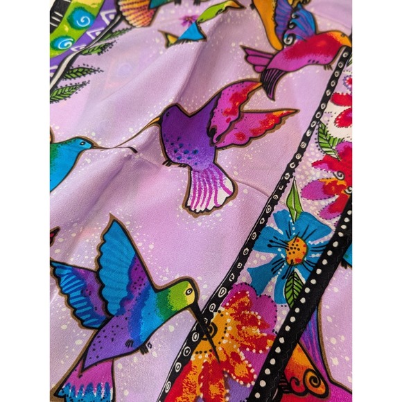 Laurel Burch 100% Silk Scarf Hummingbird Floral Purple Turquoise 11"x50" - Picture 2 of 4